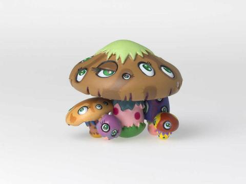 Artwork Mushrooms (from the 'SUPERFLAT MUSEUM' series by Takashi Murakami) this artwork made of Figurine (lacquer paint, PVC plastic, ABS plastic), black cardboard box, leaflets, created in 2003-01-01