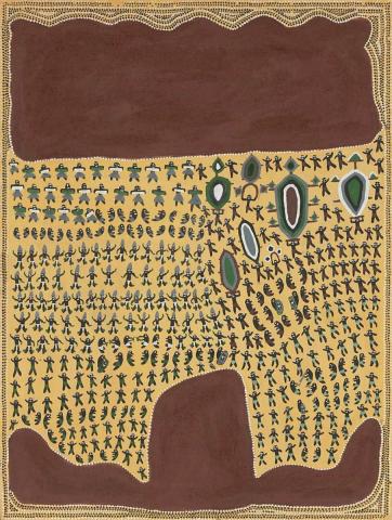 Artwork Corroboree at Jasper Gorge this artwork made of Natural pigments on linen, created in 2000-01-01