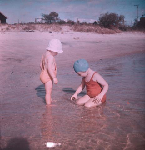 Artwork (Rosemary and Margaret in shallow water) this artwork made of Cellulose acetate Dufay colour transparency (originally in a glass mount), created in 1935-01-01