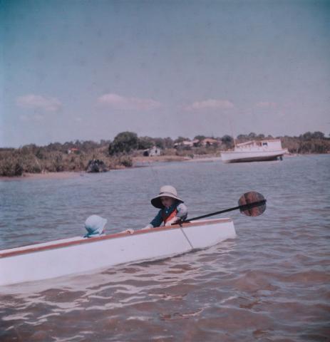 Artwork (Rosemary and Margaret in a canoe, boat in background) this artwork made of Cellulose acetate Dufay colour transparency (originally in a glass mount), created in 1935-01-01