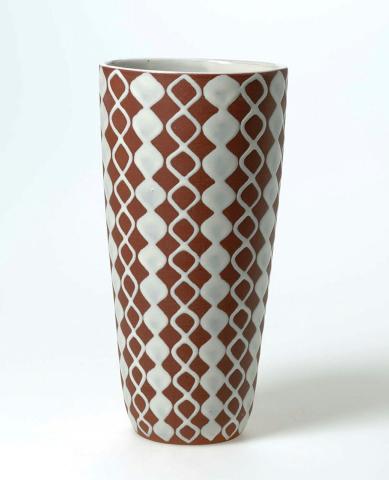 Artwork Vase this artwork made of Ceramic (terracotta) with trailed white glaze decoration, created in 1945-01-01