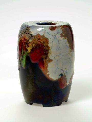 Artwork Vase this artwork made of Porcelain with dark blue ground and heavy dripped glazes in white, red, green (Chang Ware), created in 1910-01-01
