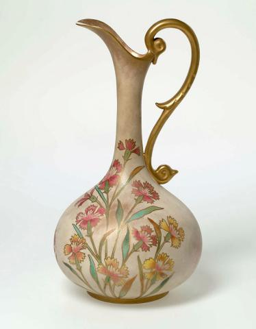 Artwork Ewer this artwork made of Porcelain narrow necked bulbous shape handpainted with a motif of pinks with gilt outline.  Gilt scroll handle and dabbed lip, created in 1884-01-01