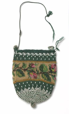 Artwork Coin purse this artwork made of Dark green ground with white glass beads with drawstring top. Floral motif, created in 1800-01-01