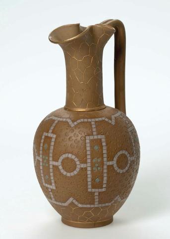 Artwork Ewer this artwork made of Stoneware, the mid brown body stamped with hoof patterns and decorated with linked rectangles in a white mosaic. Turquoise details with "crazy paving" designs on neck and base emphasised with gilt. Silicon stoneware, created in 1881-01-01