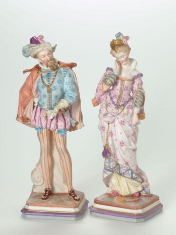 Artwork Pair of figurines this artwork made of Porcelain (bisque) slip-cast with elaborately costumed figures of a male and female, created in 1870-01-01