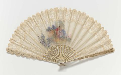 Artwork Fan this artwork made of Mother of pearl sticks (carved) with apricot and green lace, created in 1890-01-01