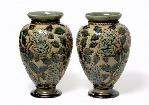 Artwork Pair of vases this artwork made of Stoneware, large baluster shapes with flaring lips carved with peonies and glazed with shades of green, created in 1882-01-01