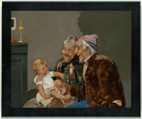 Artwork Plaque:  (Elderly couple with child) this artwork made of Slate panel inset with marble and semi precious stones, created in 1900-01-01