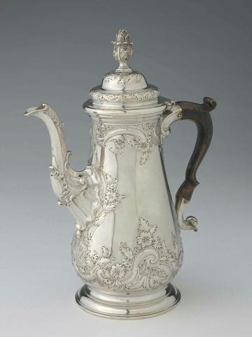 Artwork Coffeepot this artwork made of Silver, repousse and engraved with floral decoration in a modified rococo style. Ebonised wood handle, created in 1755-01-01