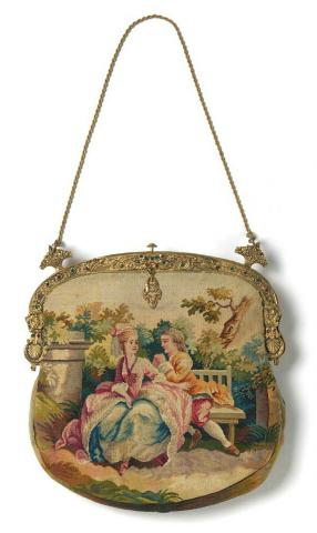 Artwork Handbag this artwork made of Silk tapestry, weave with silk warp and silk and wool weft with a scene of a courtship in a landscape, created in 1750-01-01