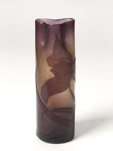 Artwork Vase this artwork made of Yellowish glass cased amethyst and acid-etched with a design of leaves. Pinched trofoil lip., created in 1890-01-01