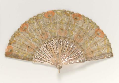 Artwork Fan this artwork made of Mother of pearl guards with gold and silver decoration and with green and pink bobbin lace