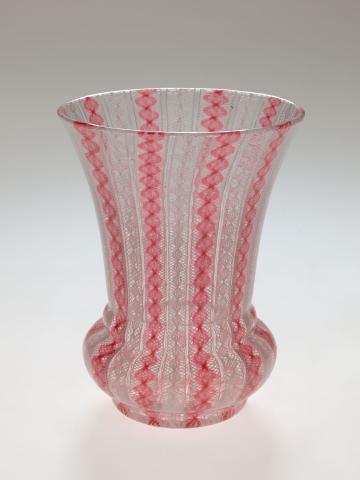 Artwork Beaker this artwork made of Clear glass with pink and white twisted latticino glass, created in 1840-01-01