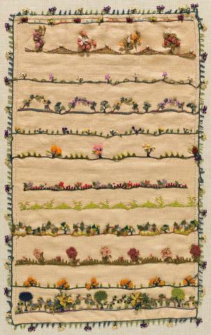 Artwork Bebilla lace sampler this artwork made of Multi-coloured silk on linen backing, created in 1966-01-01