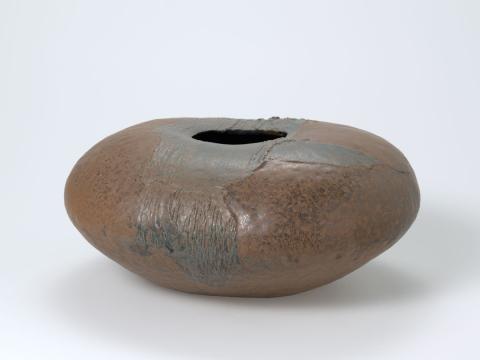 Artwork Vase: Rural retreat this artwork made of Stoneware, slab built with brown and blue glaze fired to 1270 degrees Celsius in an electric kiln, created in 1974-01-01