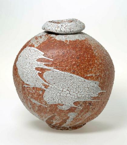 Artwork Vase this artwork made of Stoneware, thrown coarse body of flattened spherical body with poured Shino glazes.  Fired on its side in the Shigaraki manner and strongly reduction fired, created in 1977-01-01