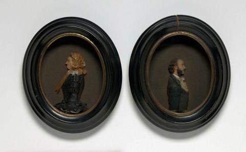 Artwork Wax portraits this artwork made of Wax and paper bust in black painted wood and brass frame, created in 1800-01-01