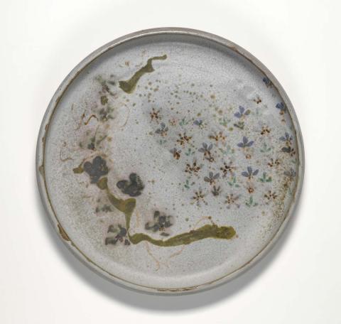 Artwork Platter:  Kimono and flower pattern this artwork made of Stoneware, thrown with mepthalene syenite glaze and oxide floral decoration. Fired in a gas kiln to cone 8., created in 1980-01-01