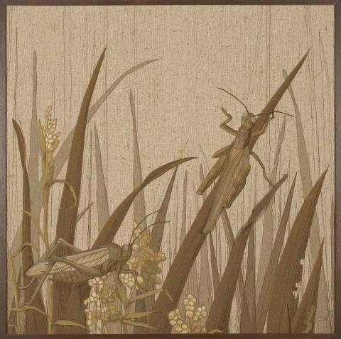 Artwork Wall panels: Grasshoppers this artwork made of Appliqué and machine embroidery in wool, raw cotton, silk and felt with dacron filling, created in 1980-01-01