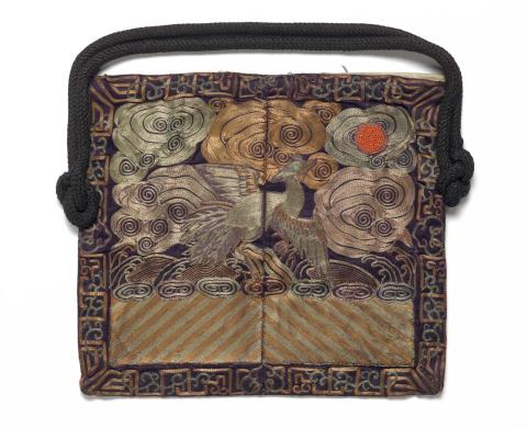 Artwork Handbag (made of 2 mandarin squares) this artwork made of Silk with phoenix in couched metal thread on a black ground with beaded sun, created in 1800-01-01