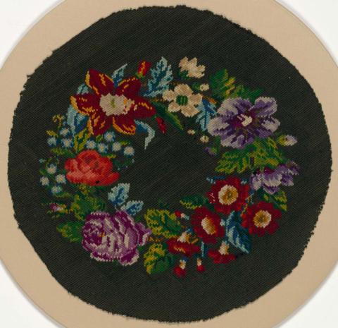 Artwork Stool or cushion cover this artwork made of Canvas embroidered with roses in polychrome wool, created in 1880-01-01