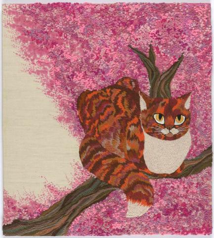 Artwork Wallhanging: Cat in a peach tree this artwork made of Appliqued and dyed Irish linen with wool and silk embroidery, created in 1980-01-01