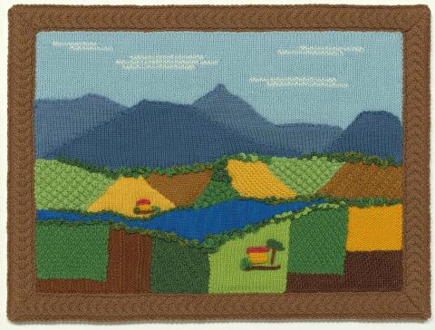 Artwork Canefields on Maroochy River this artwork made of Hand-dyed and knitted yarns (wool) sewn to cotton covered wooden panel, created in 1980-01-01