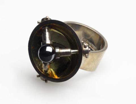 Artwork Ring: Space Series I this artwork made of Sterling silver, 18k gold, ironstone sphere