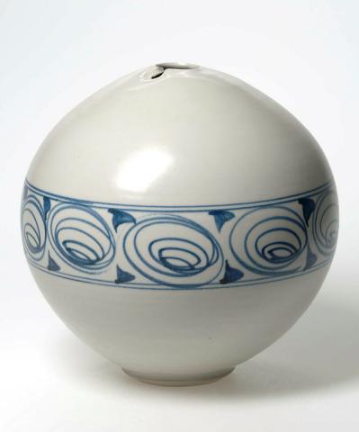 Artwork Sphere this artwork made of Porcelain, reduction fired to 1300 degrees C. Cobalt brush decoration with a band of "horse eyes", created in 1982-01-01