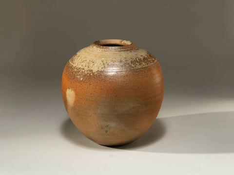 Artwork Blossom jar this artwork made of Stoneware, wheelthrown clay fired to 1300 degrees Celsius for three days, natural ash glaze with fire marks (Higawari technique), 22k gold inlay, created in 1981-01-01