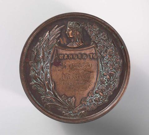 Artwork National Agricultural and Industrial Association of Queensland medallion presented to Bessie Gibson - First Prize, Drawing, Juvenile Exhibition, 1883 this artwork made of Bronze, created in 1883-01-01