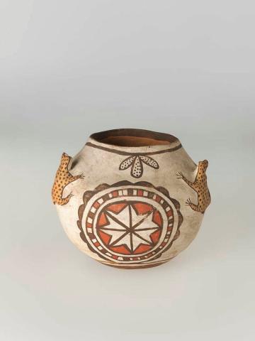 Artwork Pot this artwork made of Hand-built buff earthenware clay body spherical body with three modelled toads and circular motifs in brown, sienna and white, created in 1938-01-01