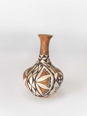 Artwork Long necked vase this artwork made of Hand-built white earthenware clay of shouldered spherical form with long neck style in feather and diamond design in two shades of brown