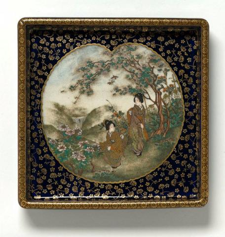 Artwork Trinket tray this artwork made of Square footed stoneware tray with deep blue ground reserving a water lily leaf shape with gilt and overglaze colours, created in 1860-01-01