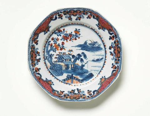 Artwork Octagonal plate, Chinese export porcelain decorated with blue and white fishing village design and applied polychrome decoration in red, orange and gold this artwork made of Hard-paste porcelain with cobalt underglaze, polychrome overglaze and gilt, created in 1760-01-01