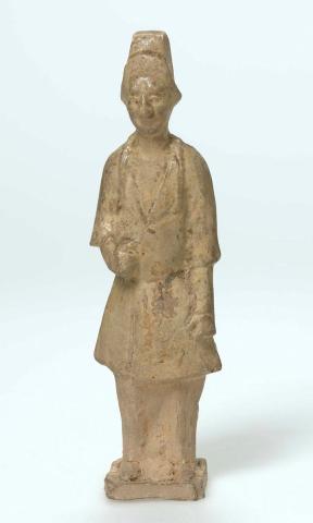 Artwork Tomb figure:  (Standing man) this artwork made of Earthenware, hand built and modelled and glazed green, created in 1368-01-01
