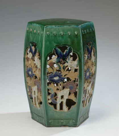 Artwork Garden stool this artwork made of Stoneware hexagonal shape with studded top edge and pierced body.  Glazed white, blue and green, created in 1850-01-01