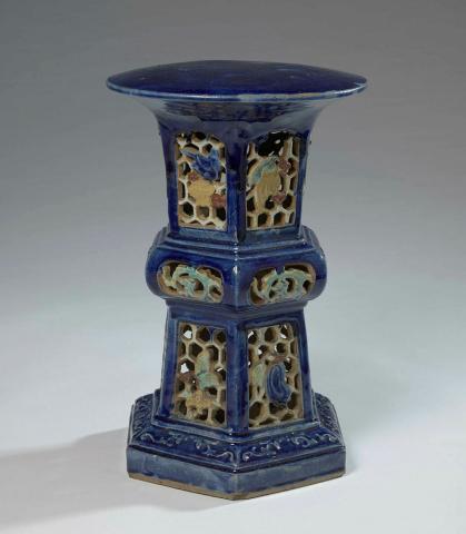 Artwork Garden stool this artwork made of Stoneware with hexagonal base and circular top, honeycomb pierced sides and glazed green, blue and gold, created in 1850-01-01