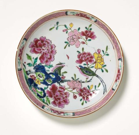 Artwork Dish this artwork made of Hard-paste porcelain, wheelthrown with light grey glaze and design of flowers and birds in red, pink, yellow, blue and green overglaze colours, created in 1700-01-01