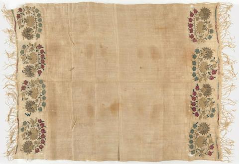 Artwork Towel this artwork made of Linen (handwoven) embroidered with silk and metal thread, created in 1870-01-01