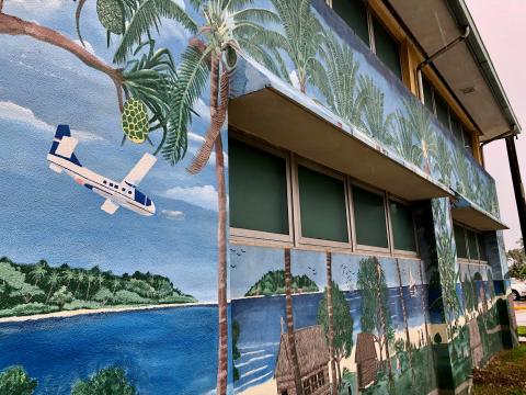 A mural depicting palms and a small aeroplane on the side of a building.