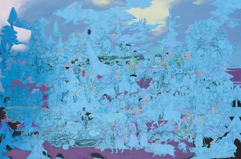 An artwork rendered in a bright sky blue with a dash of purple, depicting a collage of people, animals and landscape features.