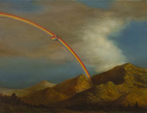 An oil painting of a rainbow over a mountainous landscape; the rainbow has a knot in it.