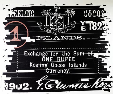 An artwork made to look like a document, made out of tape on canvas. It reads 'Exchange for the sum of ONE RUPEE Keeling Cocos Islands Currency'.