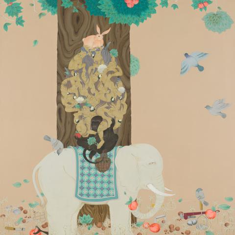 An artwork depicting a chimpanzee sitting on top of an elephant; a knotted pile of people sits on the chimp's shoulders and, on top of that, a rabbit.