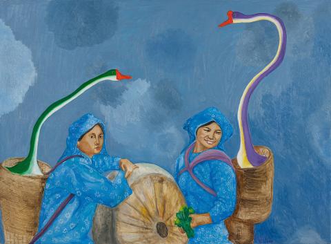 A painting of two women, each with baskets on their back holding a goose with a very long neck.