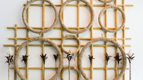 An installation view of rings made from cane attached to a grid.