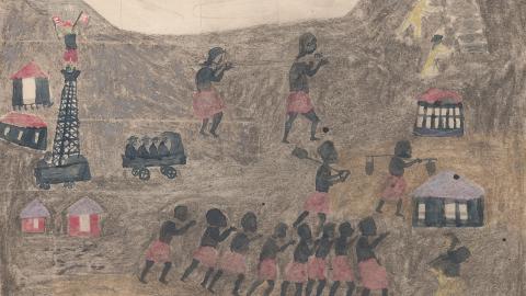 A work in crayon on paper depicting the lives of the people of Buka Island.