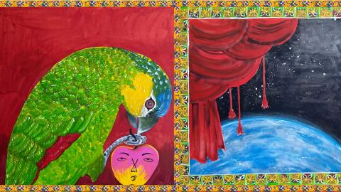 A painting of a green parrot holding a heart-shaped fruit in its claws; the fruit has a face. At right, a red curtain conceals a view of the Earth seen from space.